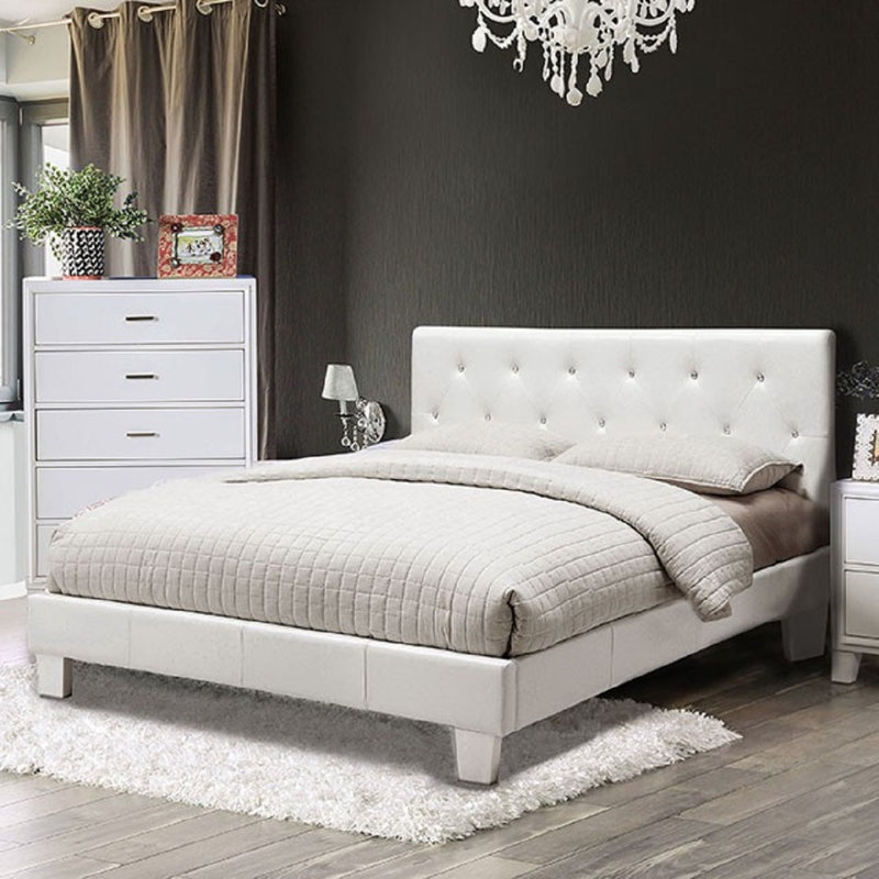 Lit plateforme tapissier capitonné Chippenham, Grand, Blanc