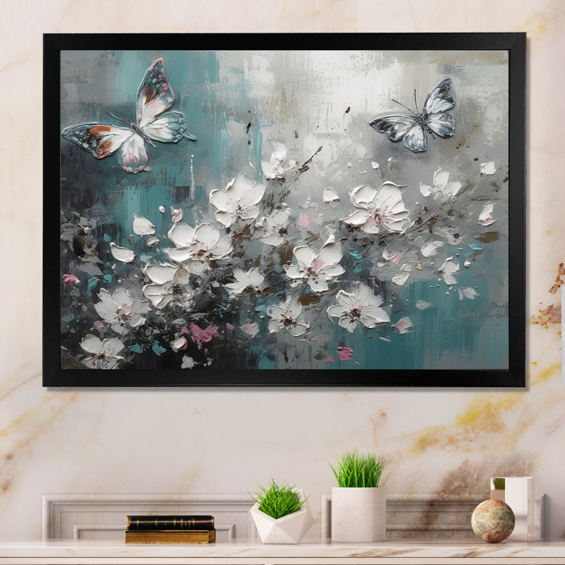 «Rozalyn Flowers With Butterflies», peinture IV sur toile, H 12 po x l 20 po x P 1 po, Cadre photo noir