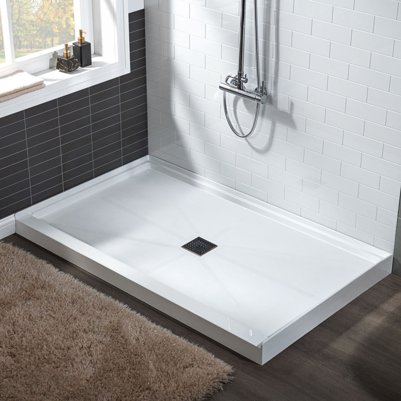  48" W x 36" D Single Threshold Non-Slip Solid Surface Shower Pan Base with Drain Assembly and Drain Cover Included, Centre