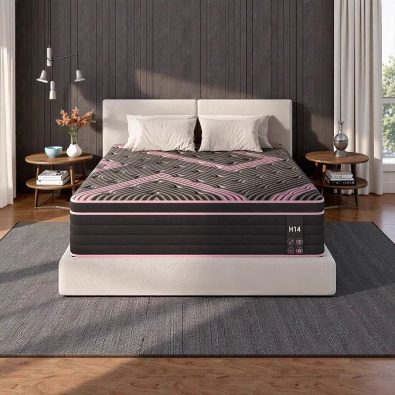 Très grand matelas, matelas hybride de 12 pouces avec ressorts ensachés individuellement, support ferme moyen, rose et noir