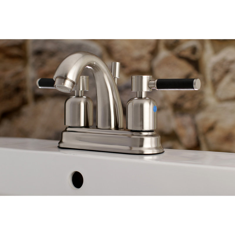 Kingston Brass Kaiser Two-Handle 3-Hole Deck Mount 4" Centerset Bathroom Faucet with Plastic Pop-Up, Brushed Nickel