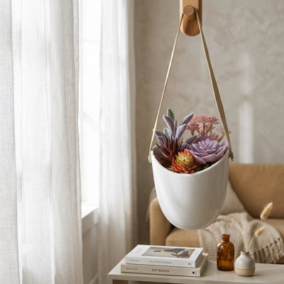 Décoration plante grasse artificielle suspendue avec pot blanc
