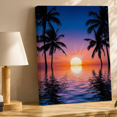 Canvas A Vibrant Tropical Scene Featuring Silhouetted Palm Trees Against A Wall Art Stunning Sunset With The Sun Large And Glowing In Canvas Wall Art