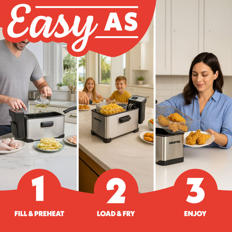 Gourmia 3.2 Quart Electric Countertop Deep Fryer With Digital Display And Adjustable Temperature, Stainless Steel