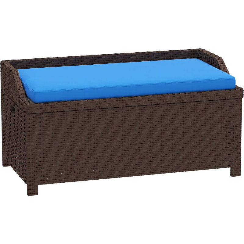 Outdoor Wicker Storage Bench Deck Box, PE Rattan Patio Furniture Pool Storage Bin Container With Interior Waterproof Cloth Bag And Comfortable Cushion, Navy Blue