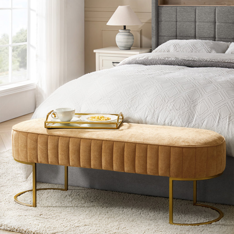 Ferdinand Lawanda 46" Modern Polyester Upholstered Bench with Channel-Tufted Cushion and Metal Base, Mustard