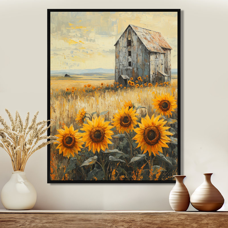 «Dotsy Sunflowers By The Grain Elevator», art mural tournesols, Noir, Reproduction avec cadre flottant, H 20 po x l 12 po