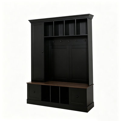 62.2"W Farmhouse Hall Tree with Shoe Storage Bench, Entryway Coat Rack with 5 Hooks, Adjustable Shelf Cabinet with Drawers
