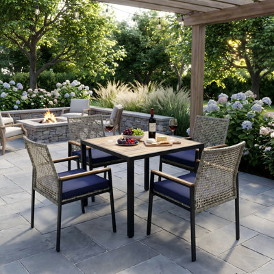 All Weather 5-Piece Patio Dining Set, Weatherproof PE Rattan Outdoor Dining Kit with Acacia Wood Tabletop & Umbrella Hole for Porch Lawn Pool, Gray