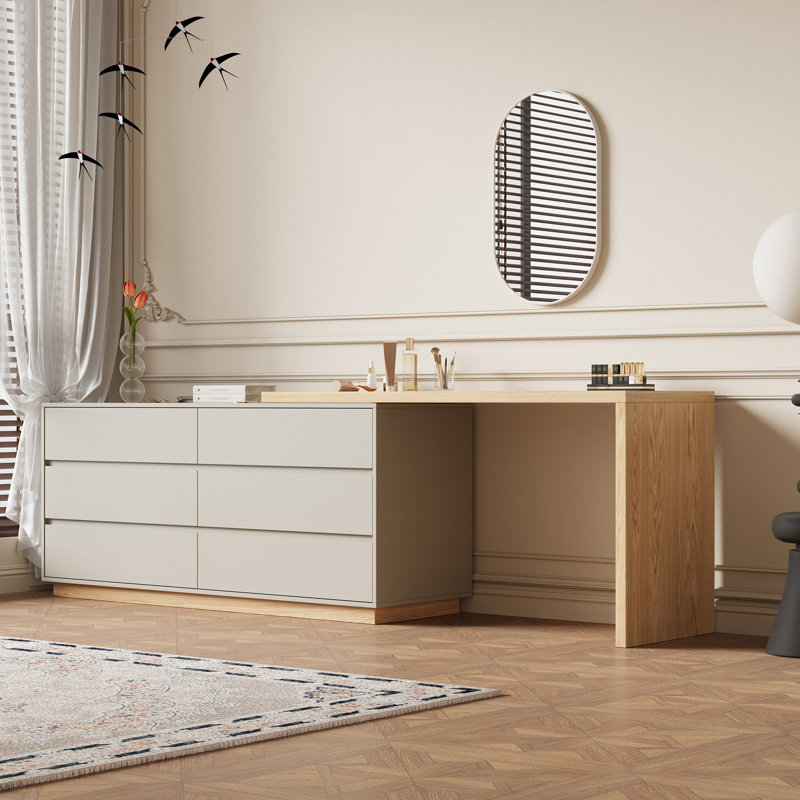 Extendable Dressing Table & Desk Combo | 160-250cm Rotatable Vanity with 6 Drawers | Space Saving for Bedrooms & Small Flats