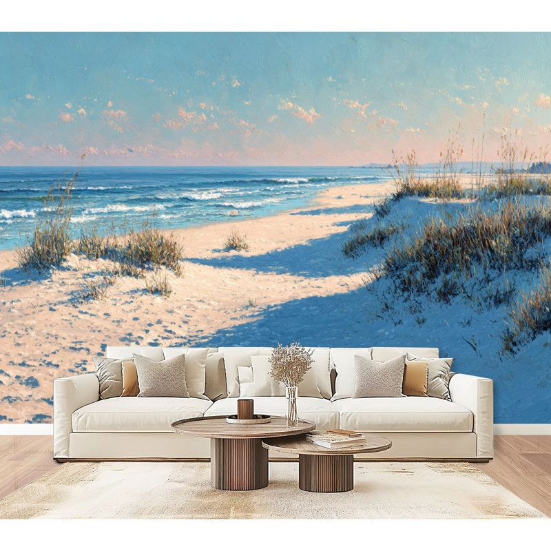 Papier peint adhésif côtier Sunlit Beach Morning Gentle Dunes Soft Waves, 69 pi x 96 po, L 96 po x l 69 po