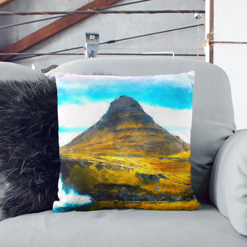 Kirkjufell Mountain in Snaefellsnes Iceland Painting Scatter Cushion with Filling, 40cm H x 40cm W x 15cm D, White