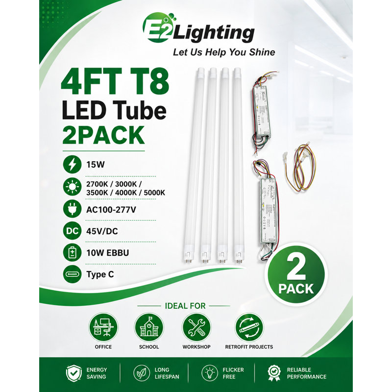 E2 Lighting 4 ft T8 Type C LED Tube Lights with 10W Emergency Battery Backup, 5CCT Selectable, 15W, 2-Pack