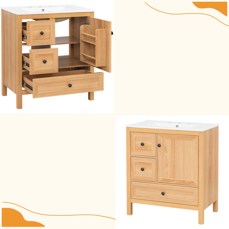 Meuble-lavabo contemporain durable en grain de bois de 30 po avec lavabo en céramique, pieds en bois massif, tablette réglable et porte et tiroir à fermeture en douceur, support de rangement, conception à dossier ouvert