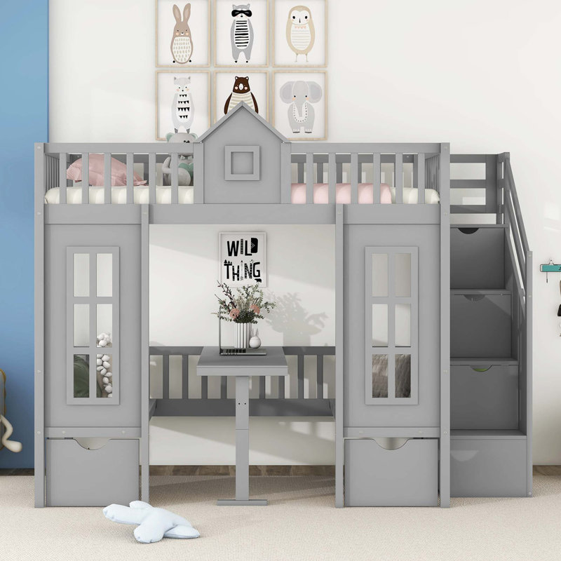 Bunk Bed With Changeable Table, Bunk Bed Turn Into Upper Bed And Down Desk, Grey, Twin