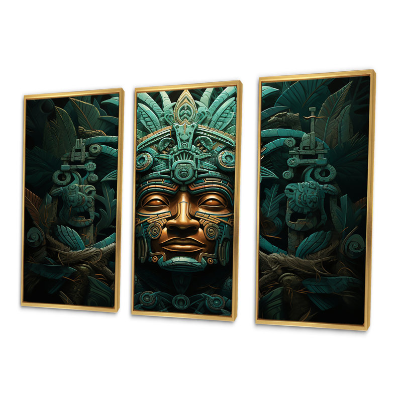 Ensemble de salon Maya Magic Aztec Mask I - art mural mexicain, Cadre flottant doré, H 32 po x l 48 po