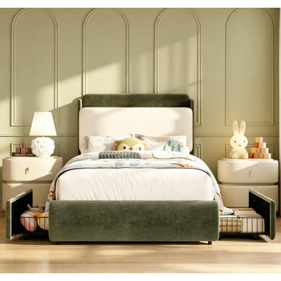 Structure de lit simple / double / grand en tissu chenille avec tête de lit tapissier, 2 tiroirs de rangement, dossier moelleux, coins arrondis et tiroir placé n'importe où