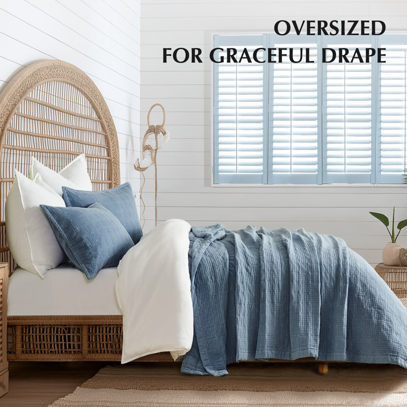 Stonewashed Crinkle Cotton Box Stitch Quilt Set, Sonoma Blue, Queen Quilt + 2 Queen Shams