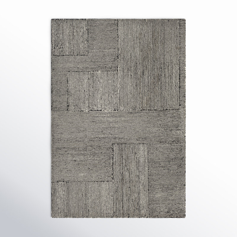 Tapis noir / ivoire en laine touffeté à la main Peeta, Rectangle 5 pi x 7 pi 6 po