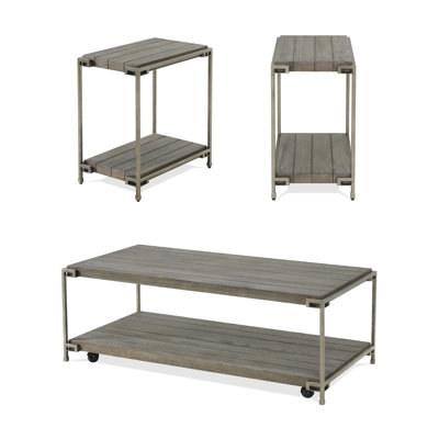 3-Piece Metal Frame Wood Living Room Coffee Table and 2 Chairside Tables Set