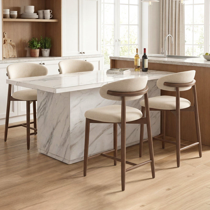 Tabouret de bar rembourré à hauteur de comptoir avec pieds en bois massif, 4, Beige