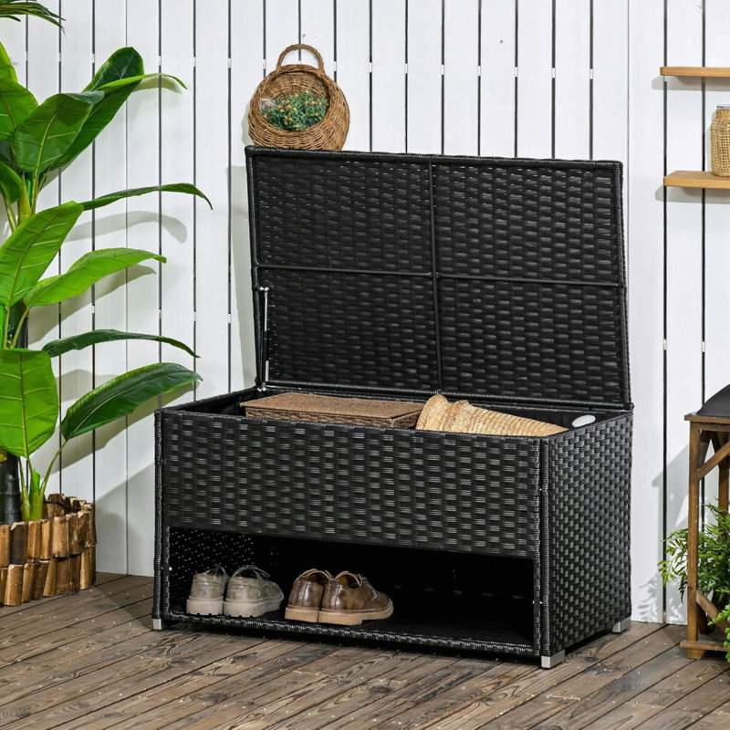 Black PE Rattan Wicker Outdoor Deck Box with Shoe Storage