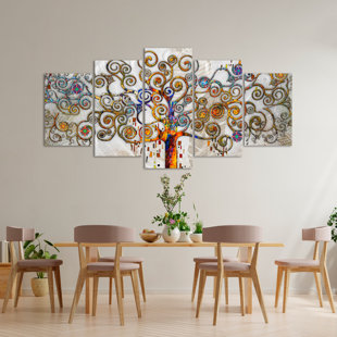 Abstract Tree Of Life Of Gustav Klimt Silver - 5 Piece No Frame Print on Canvas