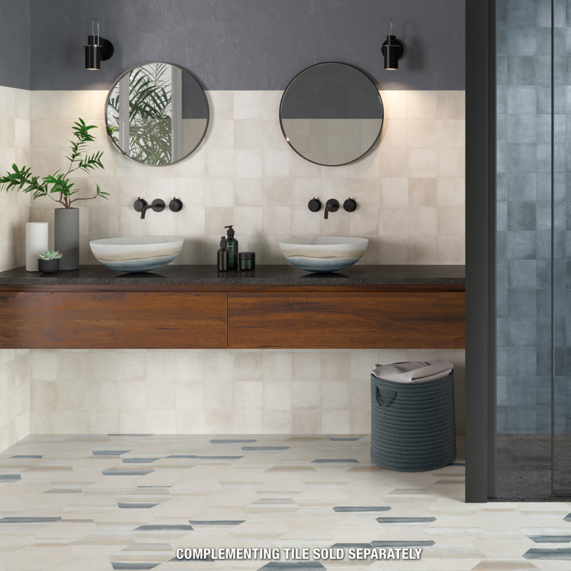 Matter Hex Canvas 8' x 9' Stone Look Wall & Floor Tile, Bone/Blue