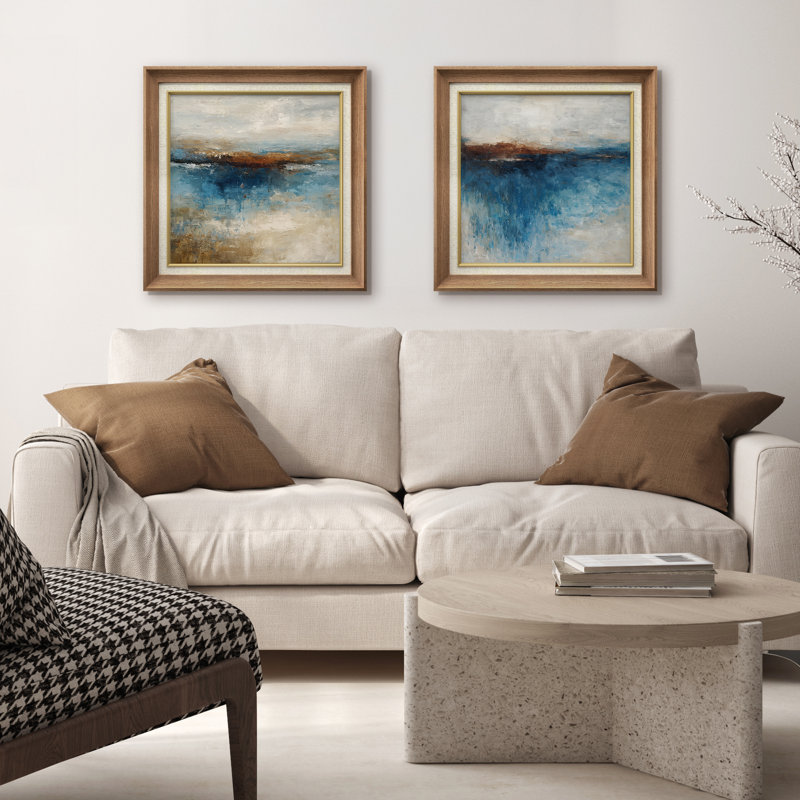 «Blue Toned Abstract Landscape - Art encadré en papier dans la chambre des maîtres», ensemble de 2 pièces