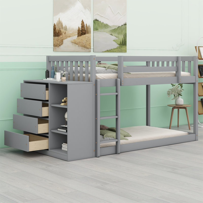 Bunk Bed With 4 Drawers And 3 Shelves, Twin Over Twin, Gray