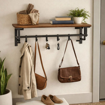 Tovar 26 Inch Industrial Metal Frame Wall Mount Coat Rack, 5 Hooks, 1 Shelf, Rustic Brown, Black