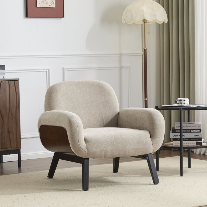 Yousef Upholstered Accent Chair With Rubberwood Legs, Light Khaki