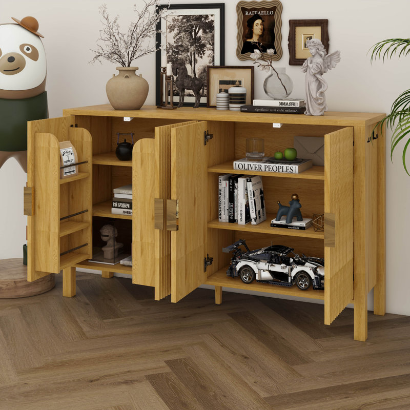 Buffet de 57,5 po avec portes rayées, armoire avec supports de rangement à l'arrière et crochets latéraux, tablettes réglables