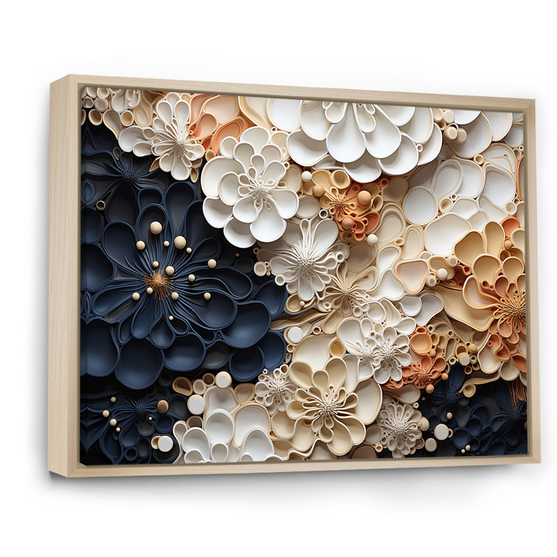 Collage de fleurs blanches et bleues corail II - impression, Cadre naturel flottant, H 24 po x l 32 po x P 1 po
