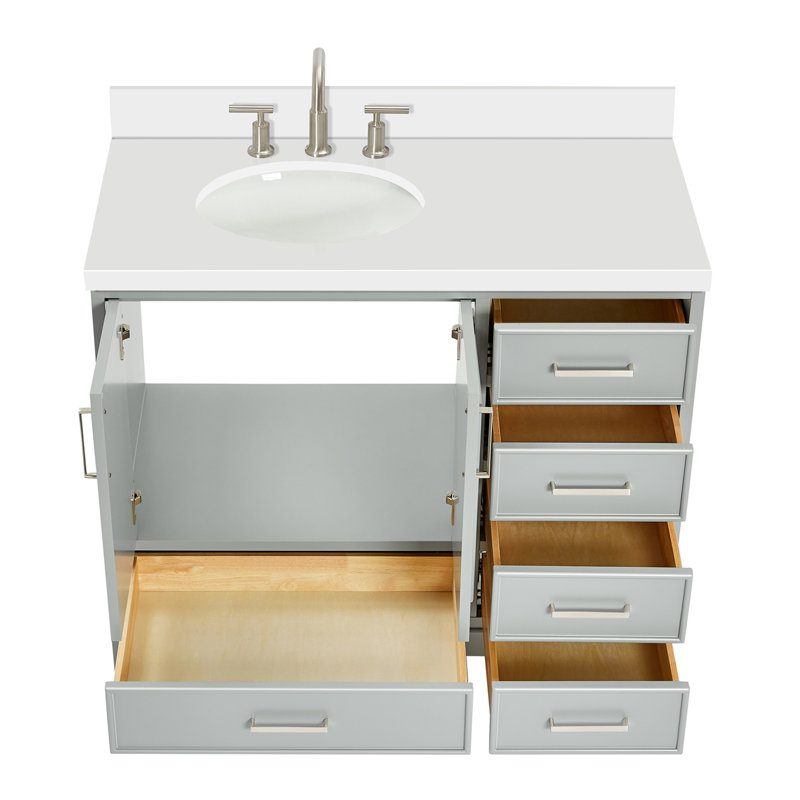 43'' Single Bathroom Vanity with White Quartz Top, Gray