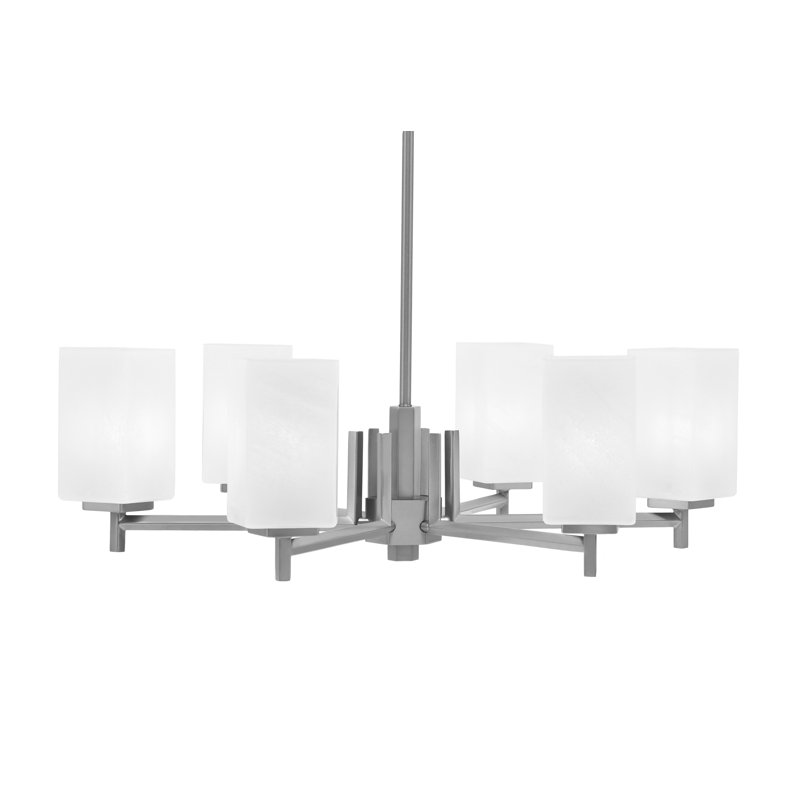 Lustre 6 lumières Franklin avec verre carré de 3,5 po en marbre blanc, Nickel