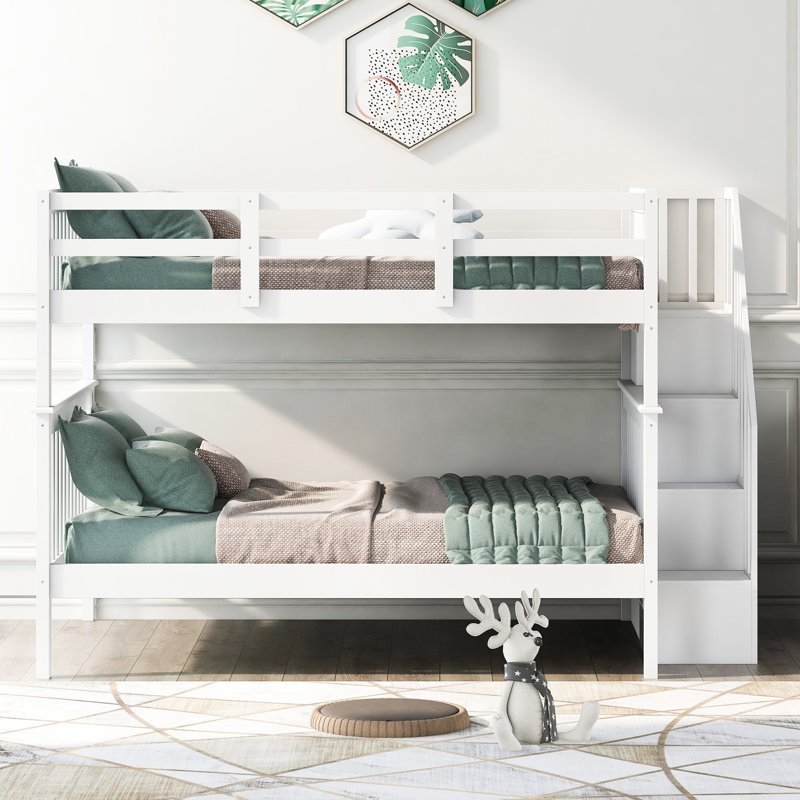 Lit superposé blanc pour escalier pour chambre à coucher, garde-corps de rangement et garde-corps, construction solide, escalier fonctionnel, lit divan-lit pour chambre à coucher, blanc, espace, pieds robustes, boîte à ressorts non requise