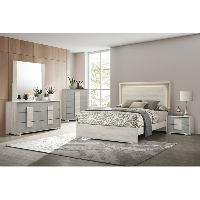 Commode à tiroirs en queue d'aronde de style contemporain 1pc deux tons centre glissières en métal panneaux de bois blanc délavé et finition de pierre gris