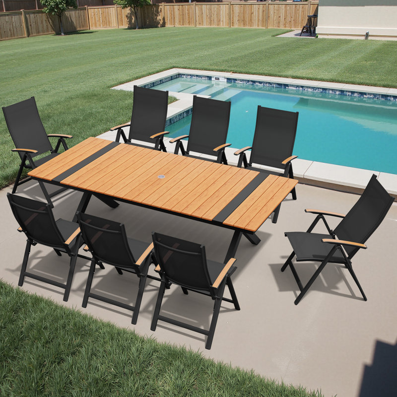 8-Person Aluminum Outdoor Dining Set With Folded Reclining Chairs And Umbrella Hole, Brown
