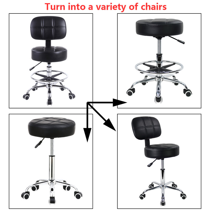 Backed Adjustable Height Ergonomic Lab Stool with Footring Wheels, Black
