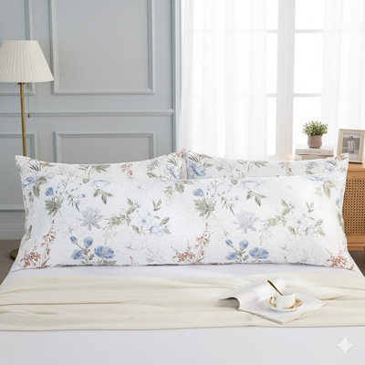 Body Pillowcase 100% Cotton Pillow Case, 1-Piece Green and Blue Floral Print, Soft Breathable Envelope Closure Pillow Cover(Body, 20"x54")