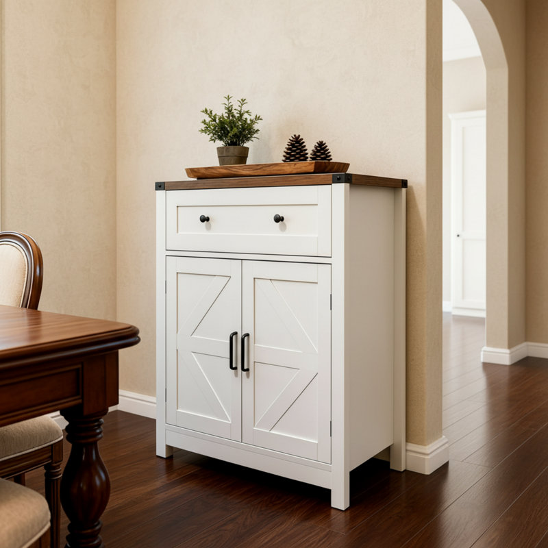 White Wood-Grain Countertop Barn Door Storage Cabinet, Simple Farmhouse Style, Drawer Design For Neat Storage, Also Functions As A Coffee Bar, Suitable For Kitchen And Living Room.