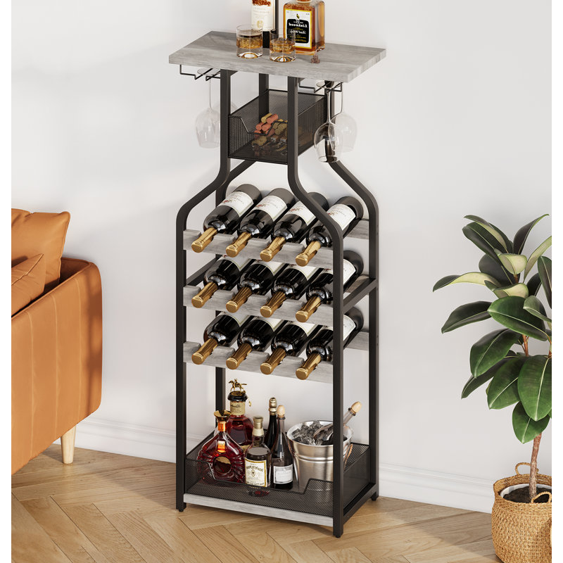 Mini table de bar multifonctionnelle avec porte-bouteilles d'angle et support de rangement, Gris