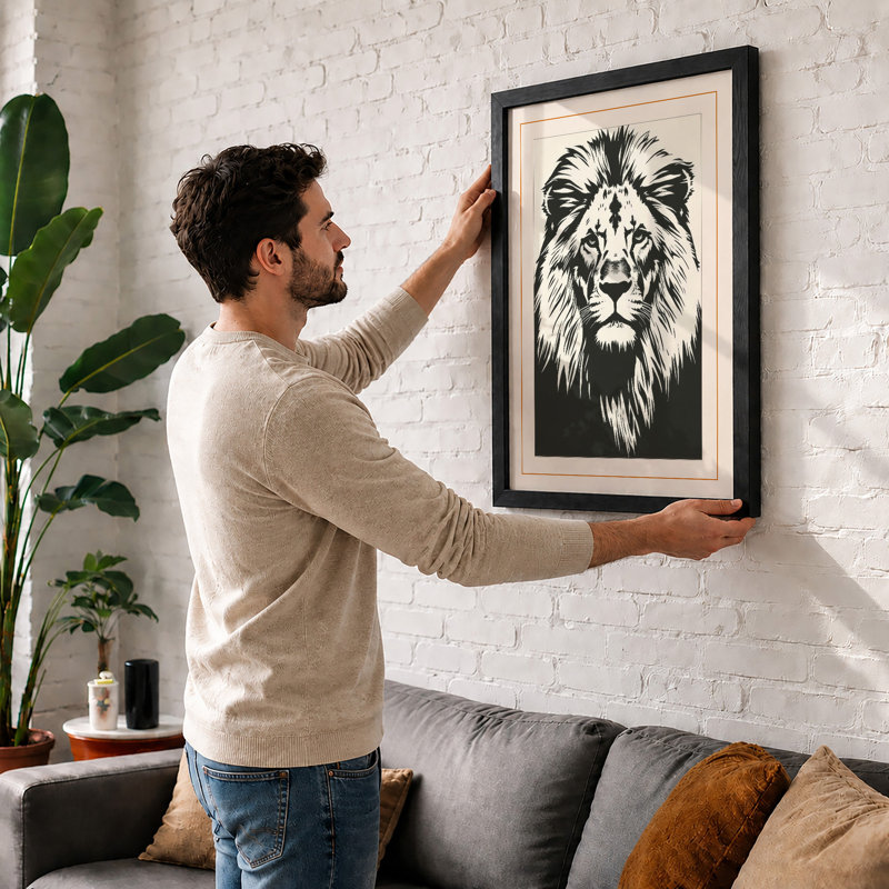 Lion's Gaze Japandi - Framed Print, A2 - 59.4 x 42.0 cm, White