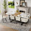 Ensemble repas pour 8 personnes avec table en grain de bois imitation marbre blanc et 8 chaises en velours beige, moderne