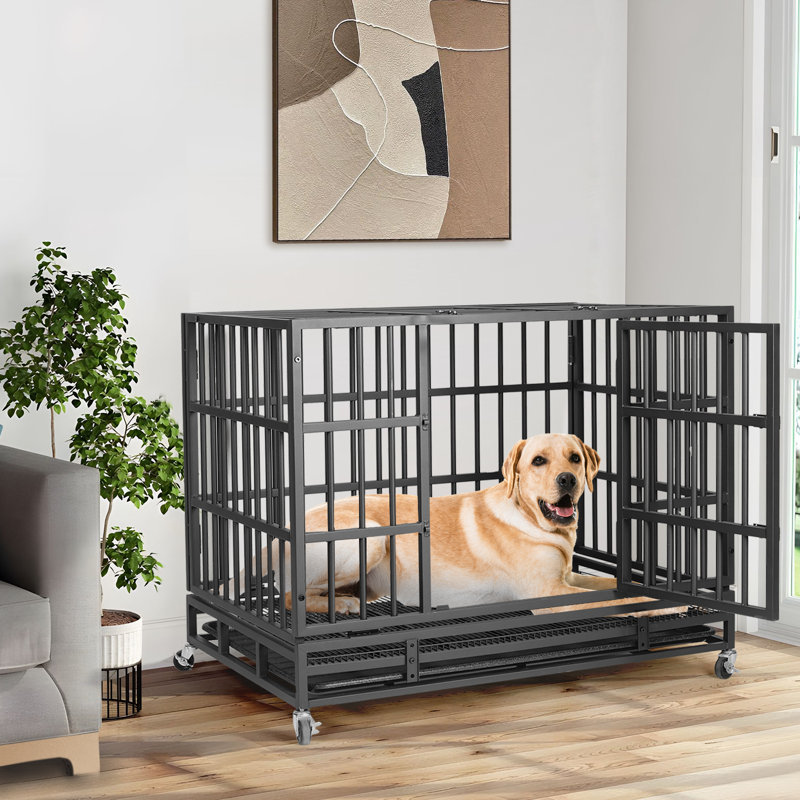 Heavy Duty Indestructible Dog Crate, Steel Escape Proof Dog Cage Kennel for High Anxiety Dogs, with Lockable Wheels and Removable Tray, for Medium Large Dogs