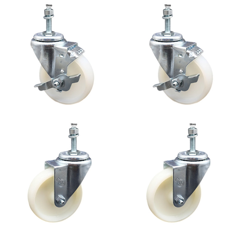 Ensemble de roulettes à tige filetée en nylon 4 pouces pivotant de 10 mm et 4 freins SCC