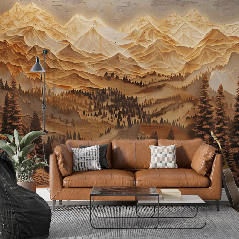 Layered Woodcut Mountain Forest Landscape Wall Mural, 204" L x 114" W
