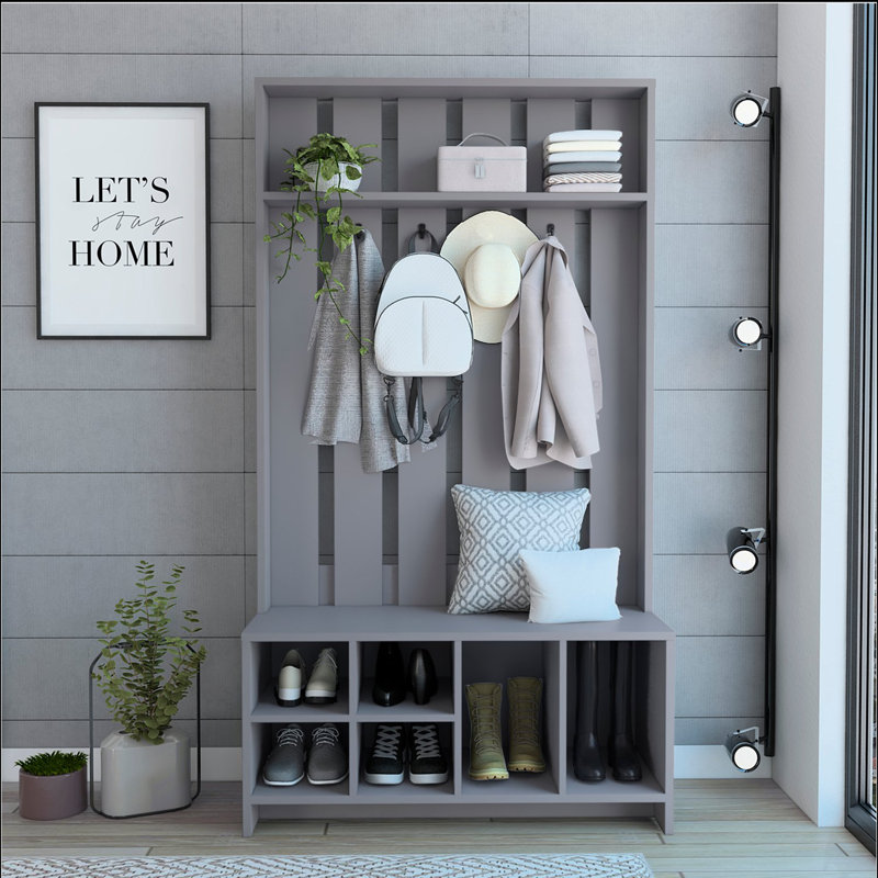 38" Wide Hall Tree with Bench and Shoe Storage, Entryway  Bench with Coat Rack