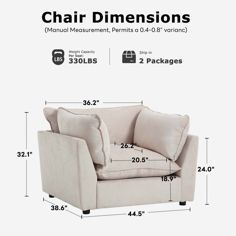 Heffernan 44.49" Wide Upholstered Plush Accent Chair With Square Arms Set Of 2, Beige Chenille